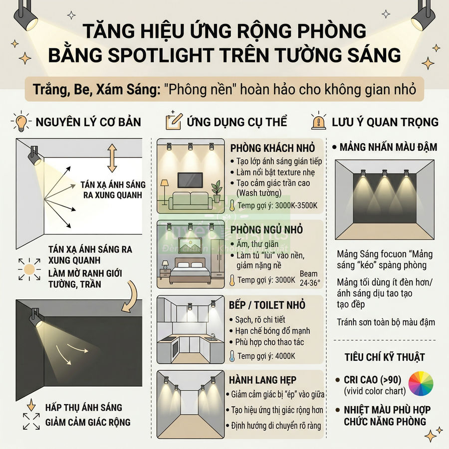 Infographic hướng dẫn tăng hiệu ứng rộng phòng bằng đèn spotlight chiếu tường sáng cho không gian nhỏ