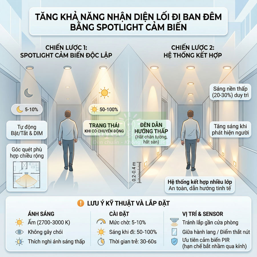 Hệ thống đèn spotlight cảm biến chiếu sáng lối đi ban đêm với hai chiến lược độc lập và kết hợp