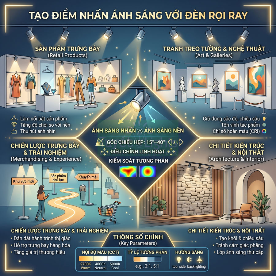 Infographic hướng dẫn tạo điểm nhấn ánh sáng cho sản phẩm trưng bày bằng đèn rọi ray trong cửa hàng và không gian nội thất