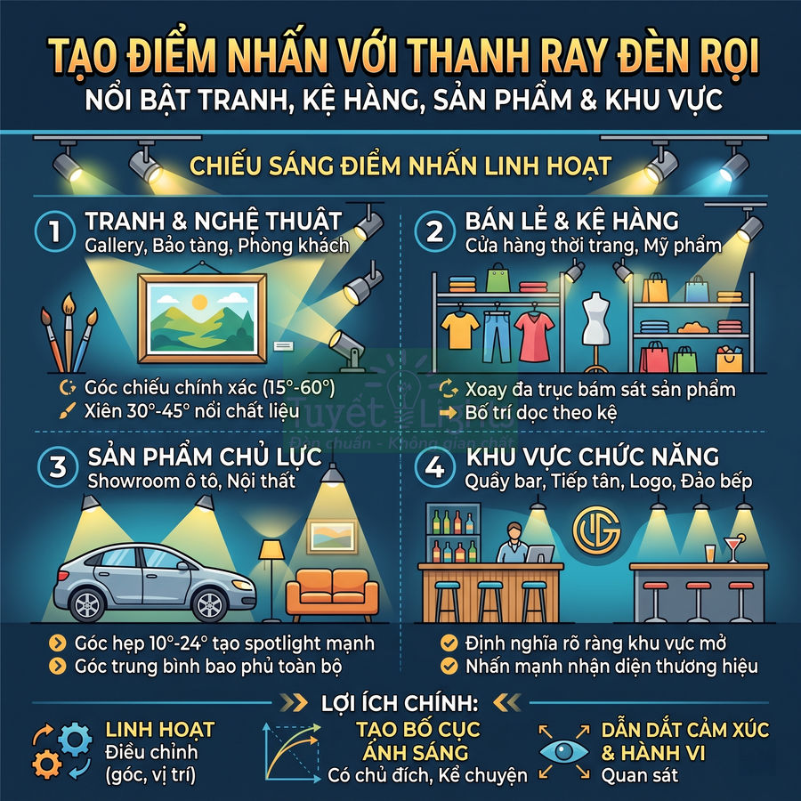Infographic hướng dẫn dùng thanh ray đèn rọi để chiếu sáng tranh, kệ hàng, sản phẩm trưng bày và khu vực chức năng