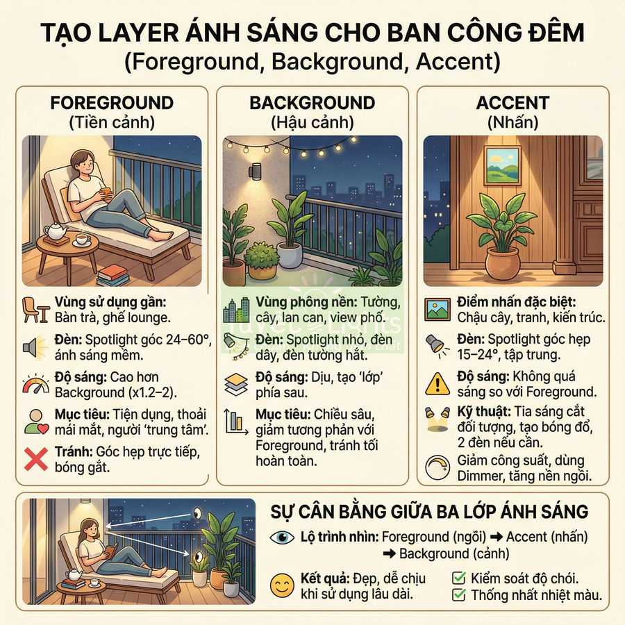 Hướng dẫn bố trí ánh sáng foreground background accent cho ban công đêm với ghế thư giãn và cây xanh