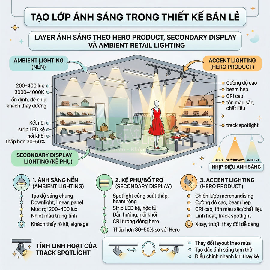 Minh họa cửa hàng thời trang với ma nơ canh váy đỏ và hệ thống đèn track spotlight chiếu sáng sản phẩm