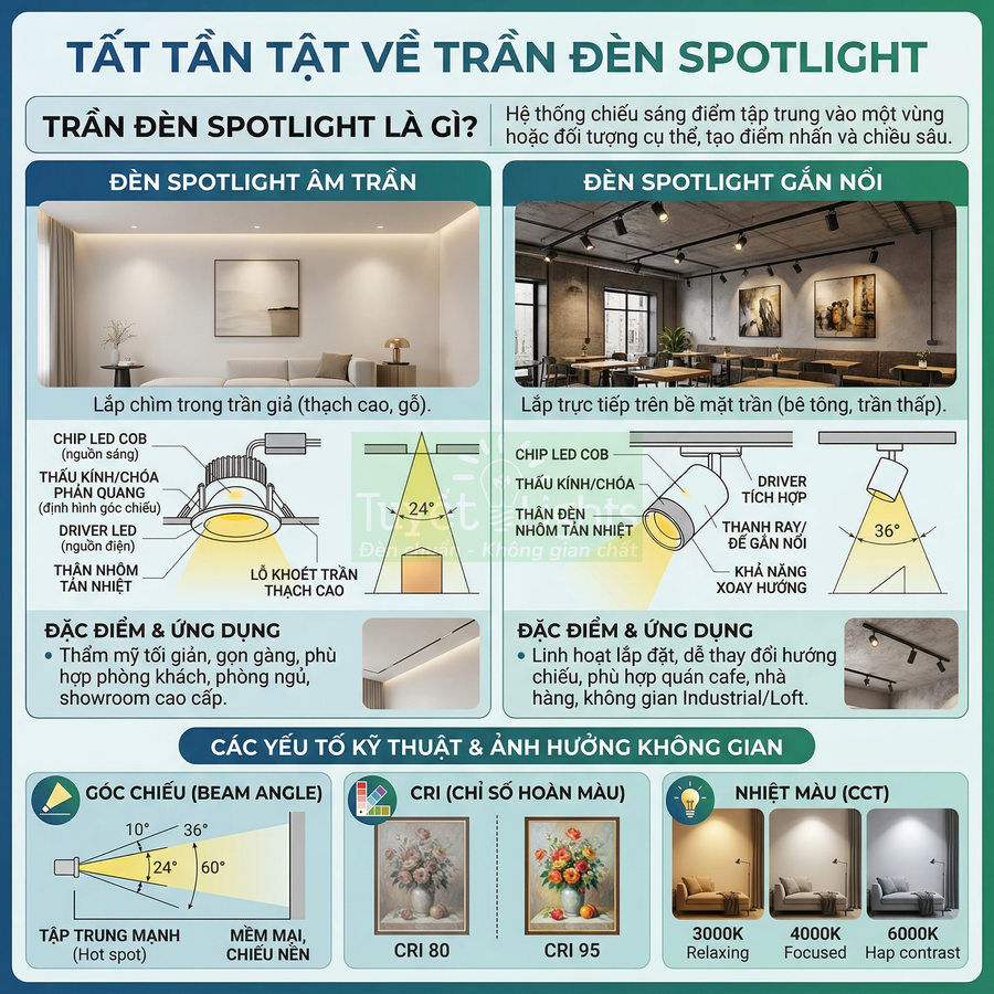 Infographic giới thiệu các loại trần đèn spotlight âm trần, gắn nổi và yếu tố kỹ thuật chiếu sáng