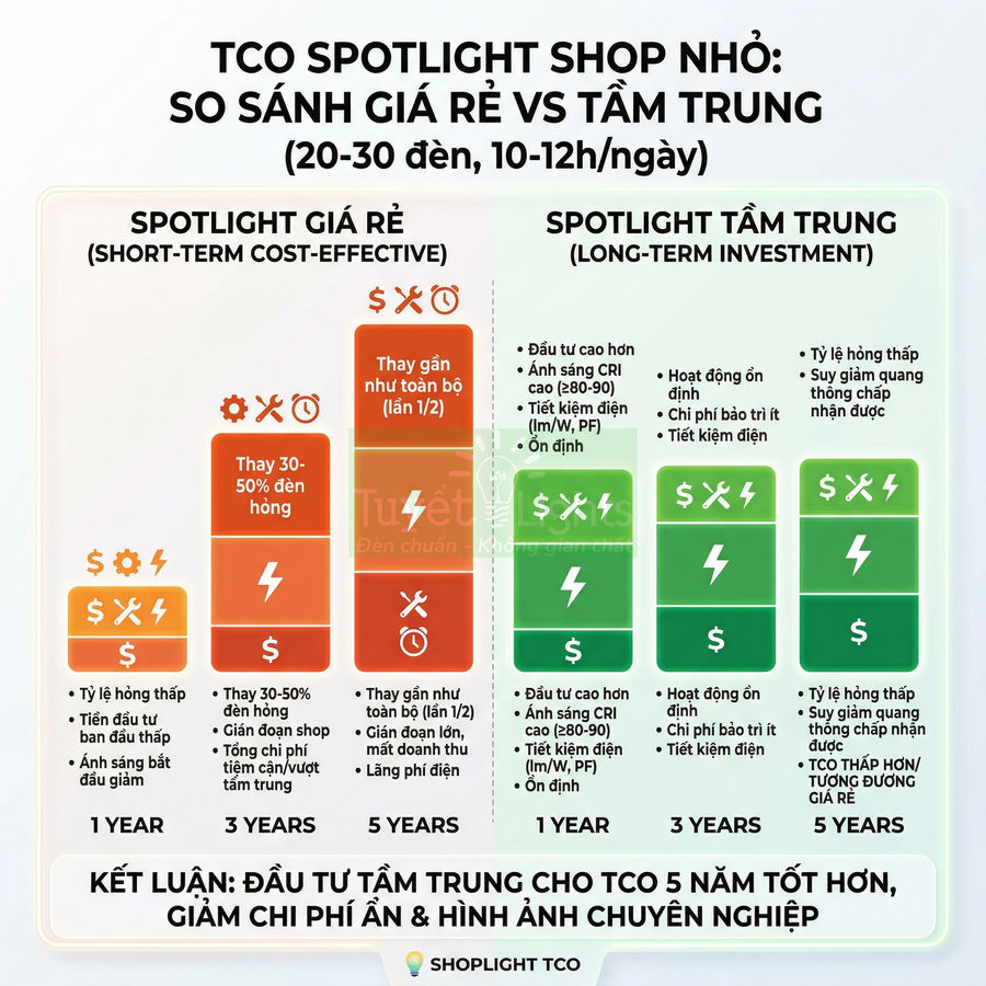 Infographic so sánh chi phí và độ bền spotlight giá rẻ và spotlight tầm trung cho shop nhỏ