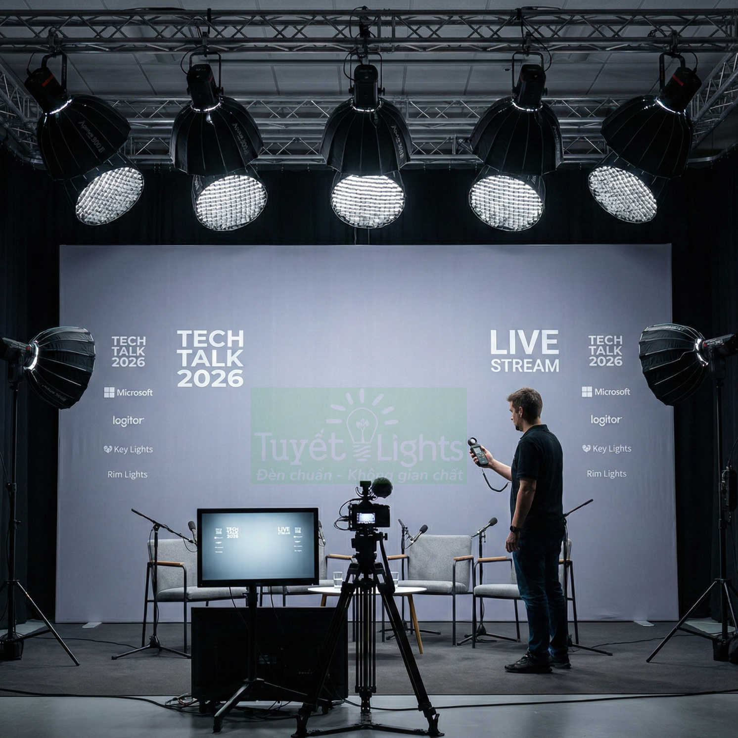 Hệ thống đèn studio Tuyết Lights chiếu sáng sân khấu livestream Tech Talk 2026 với máy quay và ghế phỏng vấn