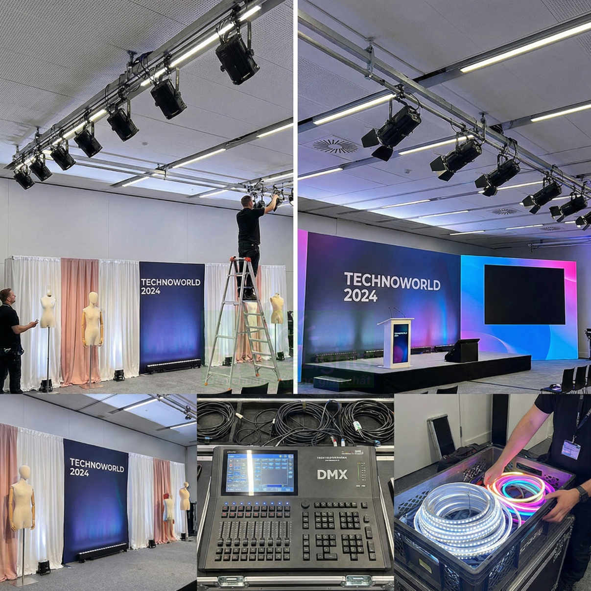 Thiết bị ánh sáng sân khấu và bàn điều khiển DMX lắp đặt cho sự kiện hội nghị TechnoWorld 2024