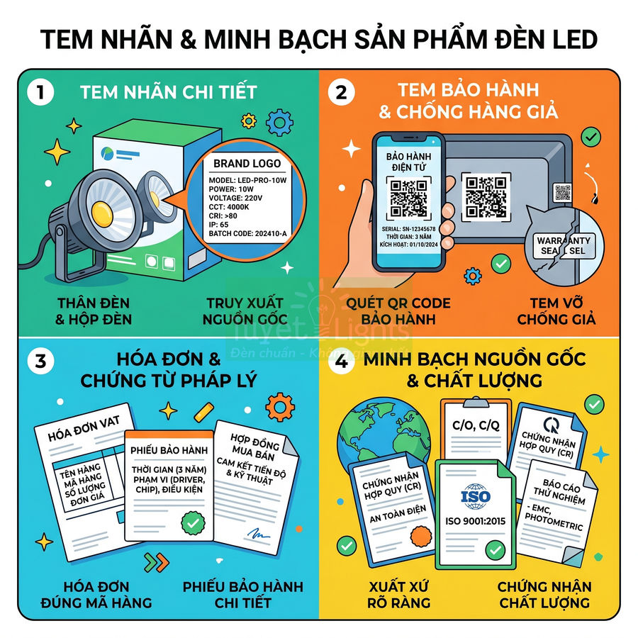 Hướng dẫn tem nhãn, bảo hành, hóa đơn và chứng nhận chất lượng cho sản phẩm đèn LED