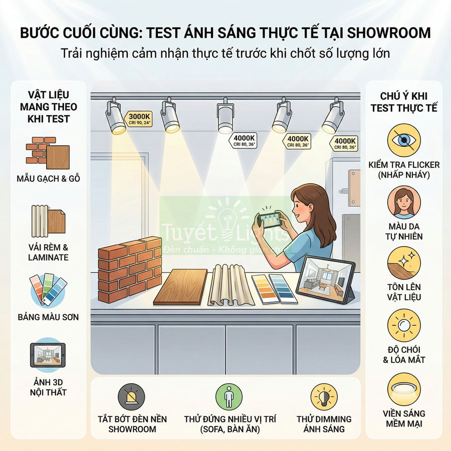 Test ánh sáng đèn LED Tuyết Lights chiếu lên mẫu gạch, gỗ, vải rèm và bảng màu sơn trong showroom