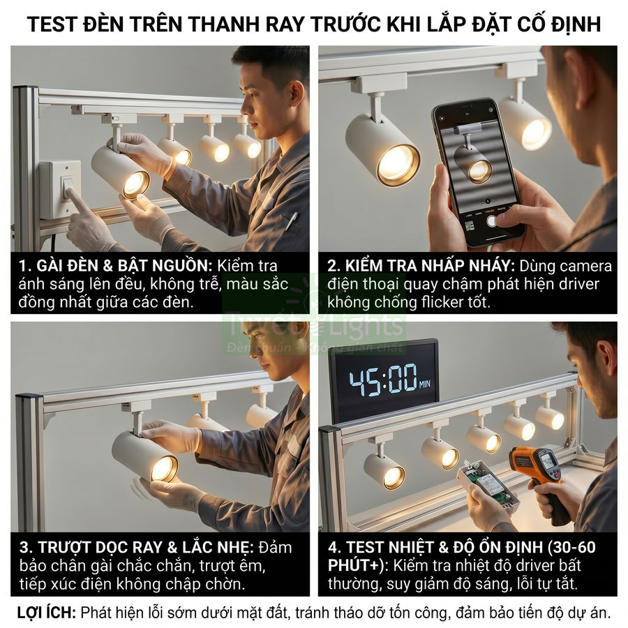 Hướng dẫn kiểm tra và test đèn rọi ray LED trước khi lắp đặt cố định trên thanh ray