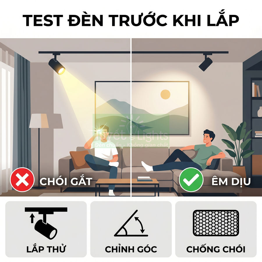 So sánh đèn rọi ray phòng khách chói gắt và êm dịu, hướng dẫn lắp thử, chỉnh góc và dùng phụ kiện chống chói