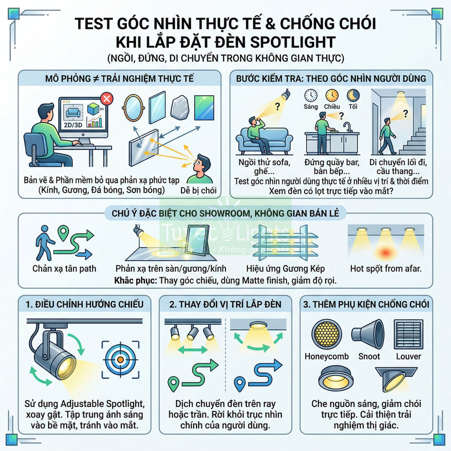 Hướng dẫn test góc chiếu thực tế và chống chói khi lắp đặt đèn spotlight trong showroom và không gian bán lẻ