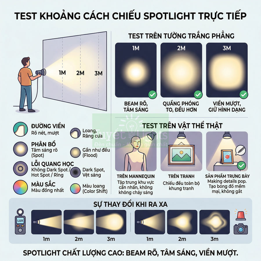 Hướng dẫn test khoảng cách chiếu và chất lượng ánh sáng đèn spotlight trực tiếp trên tường và sản phẩm trưng bày