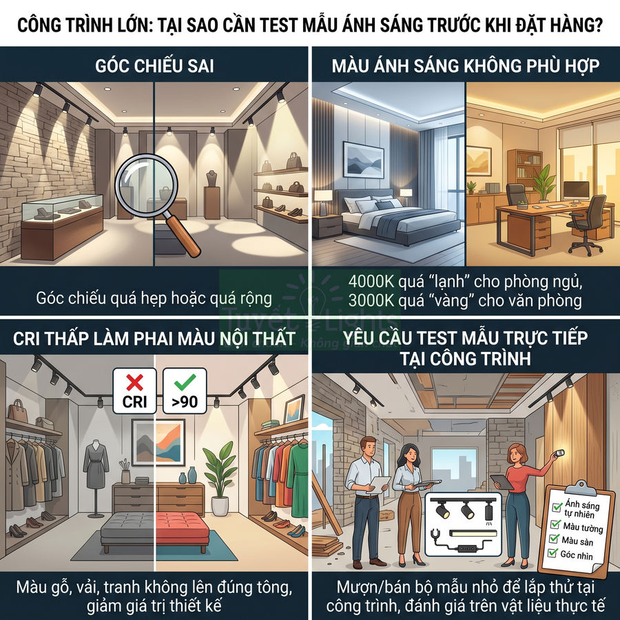Infographic hướng dẫn test mẫu đèn chiếu sáng cho công trình lớn với các lỗi góc chiếu, màu ánh sáng và chỉ số CRI