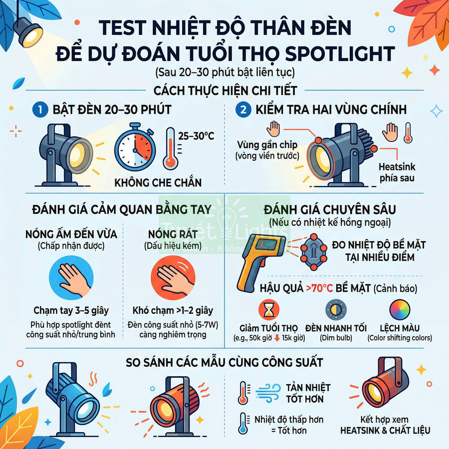 Hướng dẫn test nhiệt độ thân đèn để dự đoán tuổi thọ đèn spotlight LED và so sánh khả năng tản nhiệt