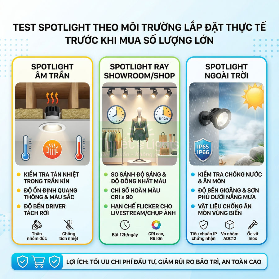Hướng dẫn test đèn spotlight âm trần, ray showroom và ngoài trời theo môi trường lắp đặt thực tế