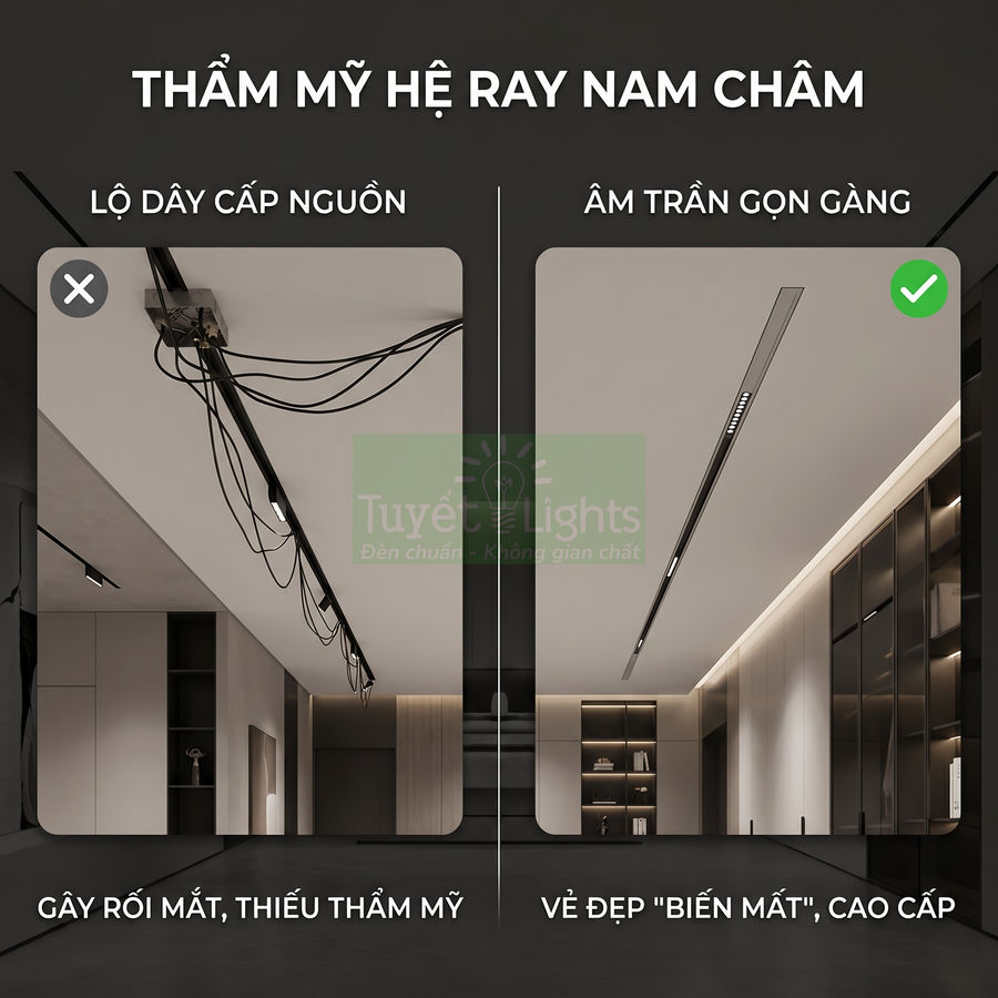 So sánh hệ ray nam châm âm trần gọn gàng với hệ đèn lộ dây kém thẩm mỹ trong không gian nội thất
