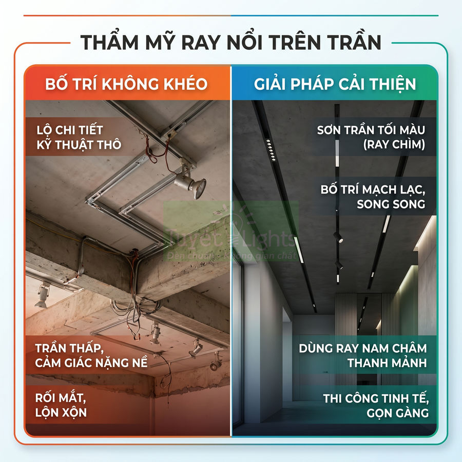 So sánh trần bê tông dùng ray nổi lộ kỹ thuật với trần sơn tối màu dùng ray nam châm âm trần gọn gàng