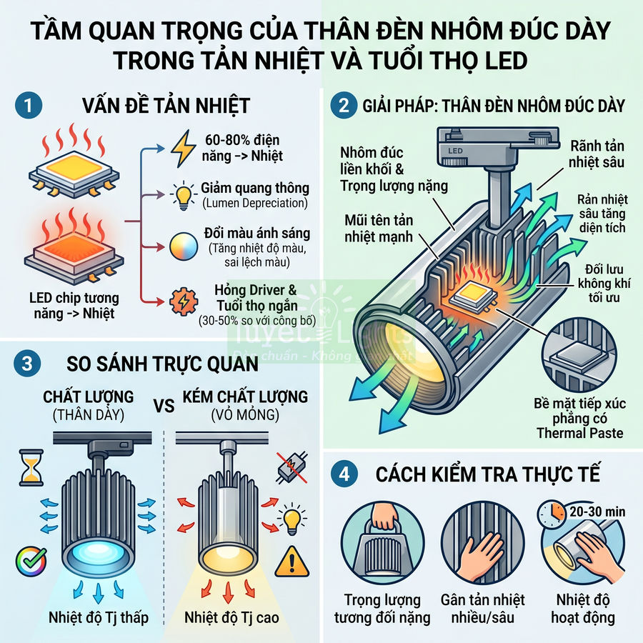 Infographic so sánh thân đèn LED nhôm đúc dày và mỏng về khả năng tản nhiệt và tuổi thọ bóng LED