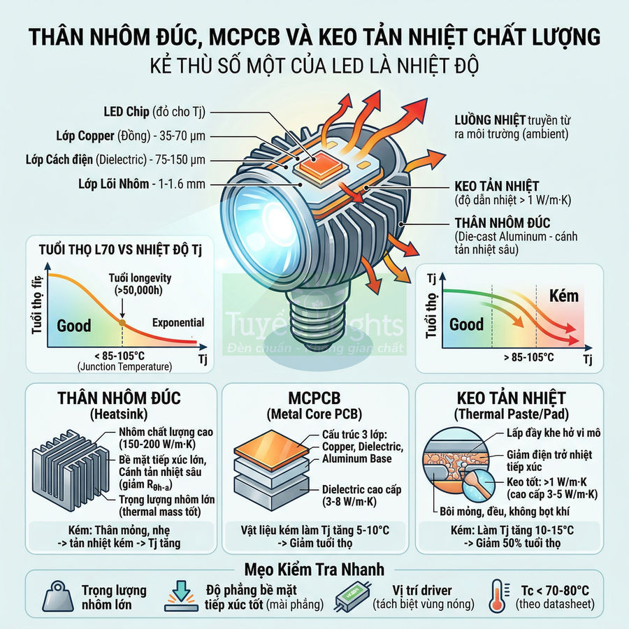 Cấu tạo đèn LED với thân nhôm đúc, MCPCB và keo tản nhiệt, minh họa khả năng tản nhiệt và tuổi thọ LED