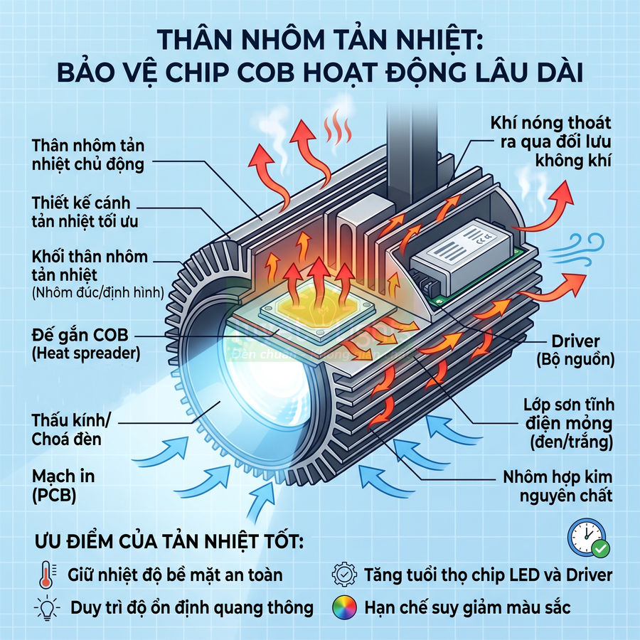 Cấu tạo thân nhôm tản nhiệt đèn LED COB với cánh tản nhiệt, driver và thấu kính giúp bảo vệ chip hoạt động bền lâu