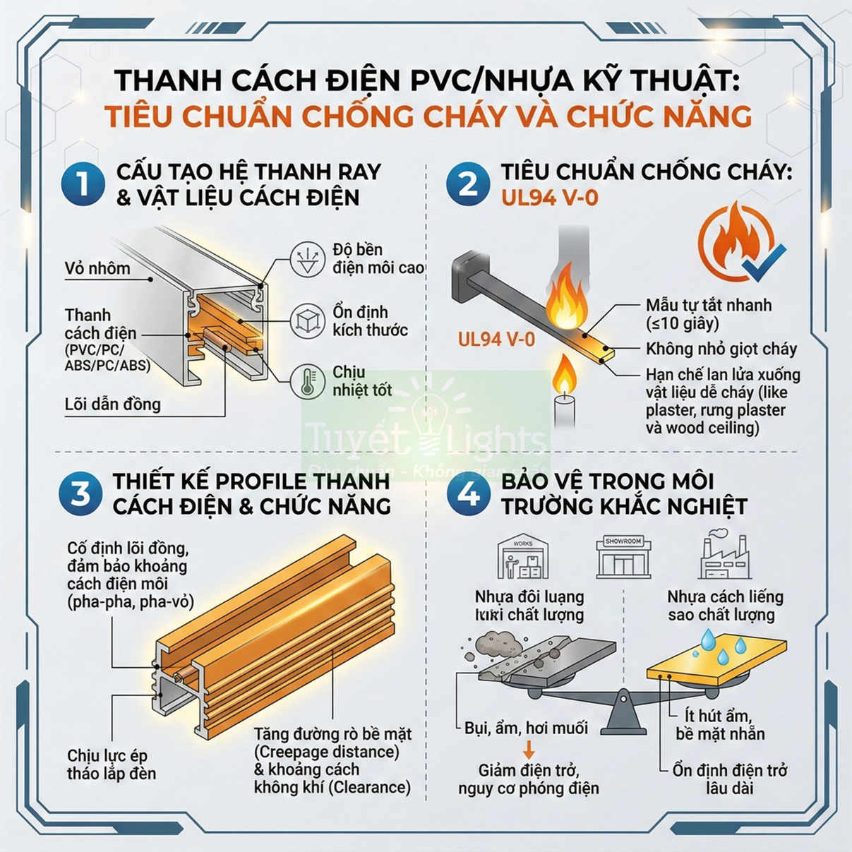 Thanh cách điện PVC nhựa kỹ thuật chống cháy UL94 V0, cấu tạo thanh ray và profile bảo vệ dây dẫn điện