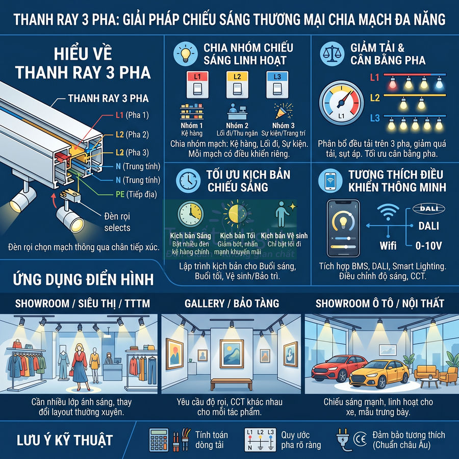 Infographic giới thiệu thanh ray 3 pha cho đèn rọi selects, giải pháp chiếu sáng thương mại linh hoạt và đa năng