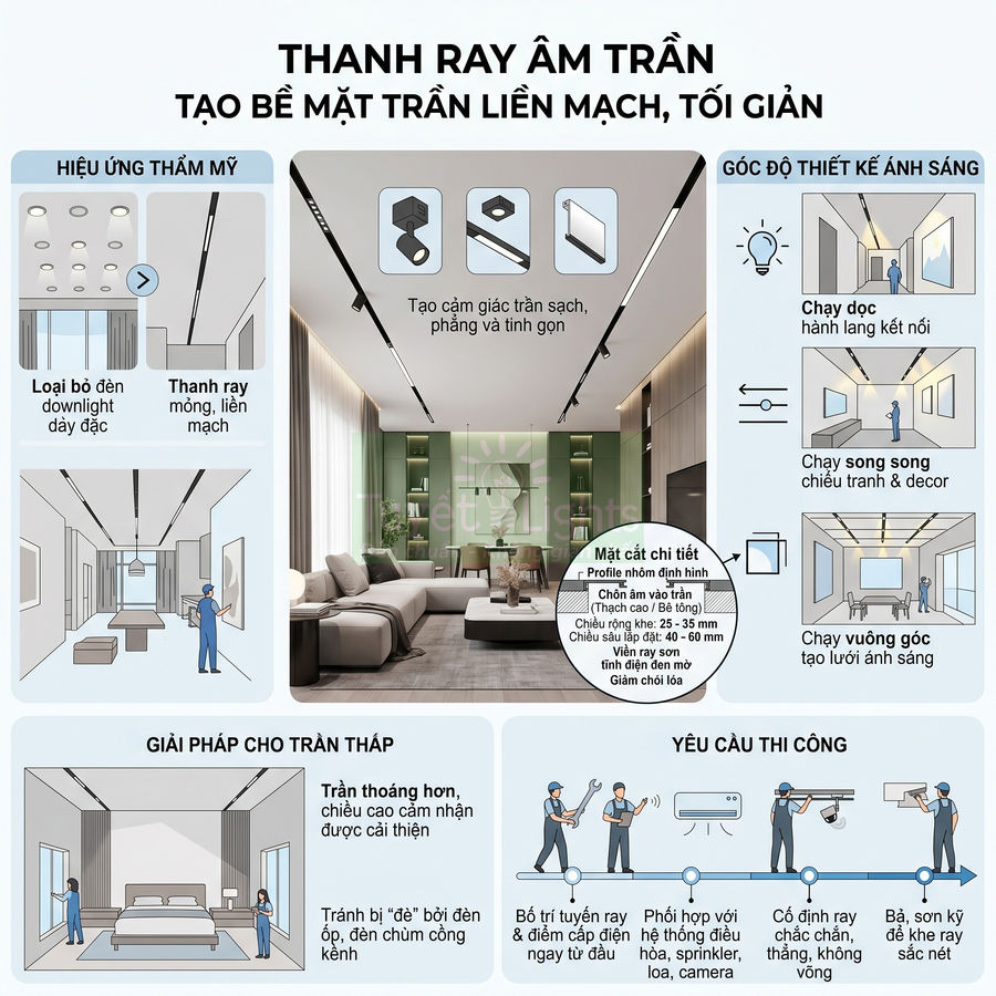 Thanh ray âm trần tối giản cho phòng khách hiện đại, tạo bề mặt trần liền mạch và hệ chiếu sáng thẩm mỹ