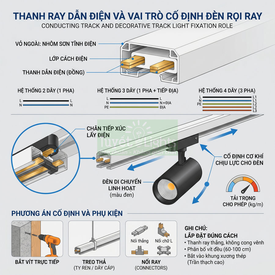 Cấu tạo thanh ray dẫn điện và đèn rọi ray tuyết light, hướng dẫn lắp đặt và phụ kiện cố định đèn