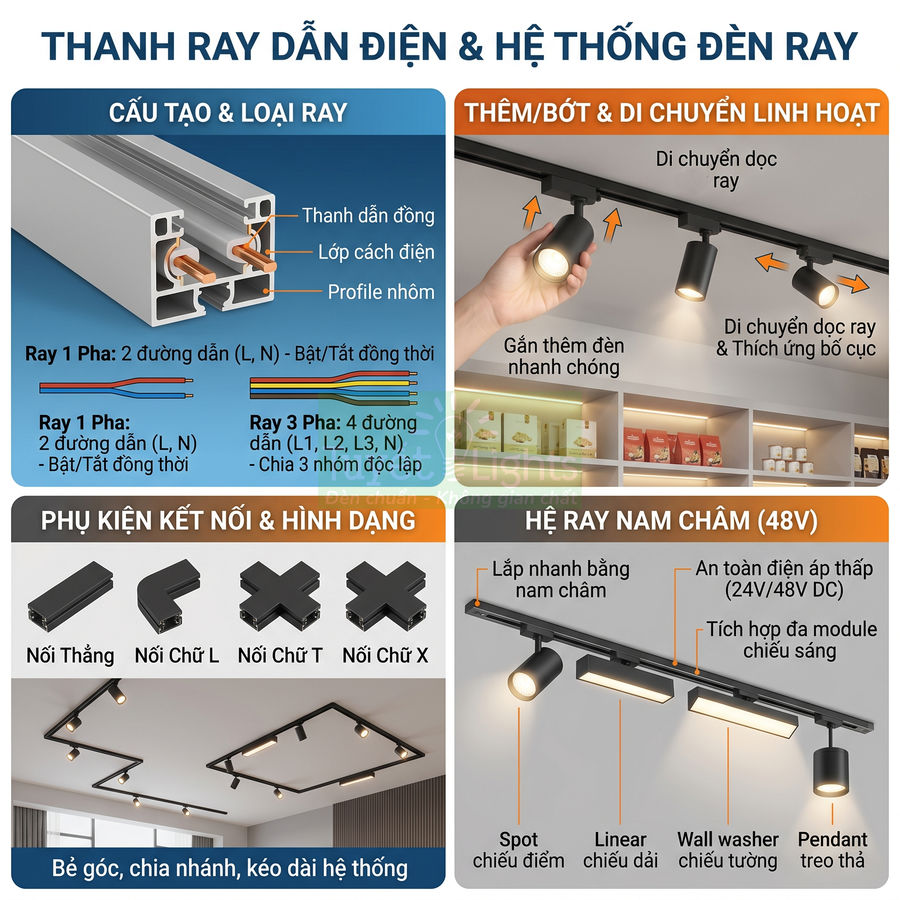 Thanh ray dẫn điện và hệ thống đèn ray nam châm 48V với nhiều kiểu đèn chiếu sáng lắp nổi trên trần nhà