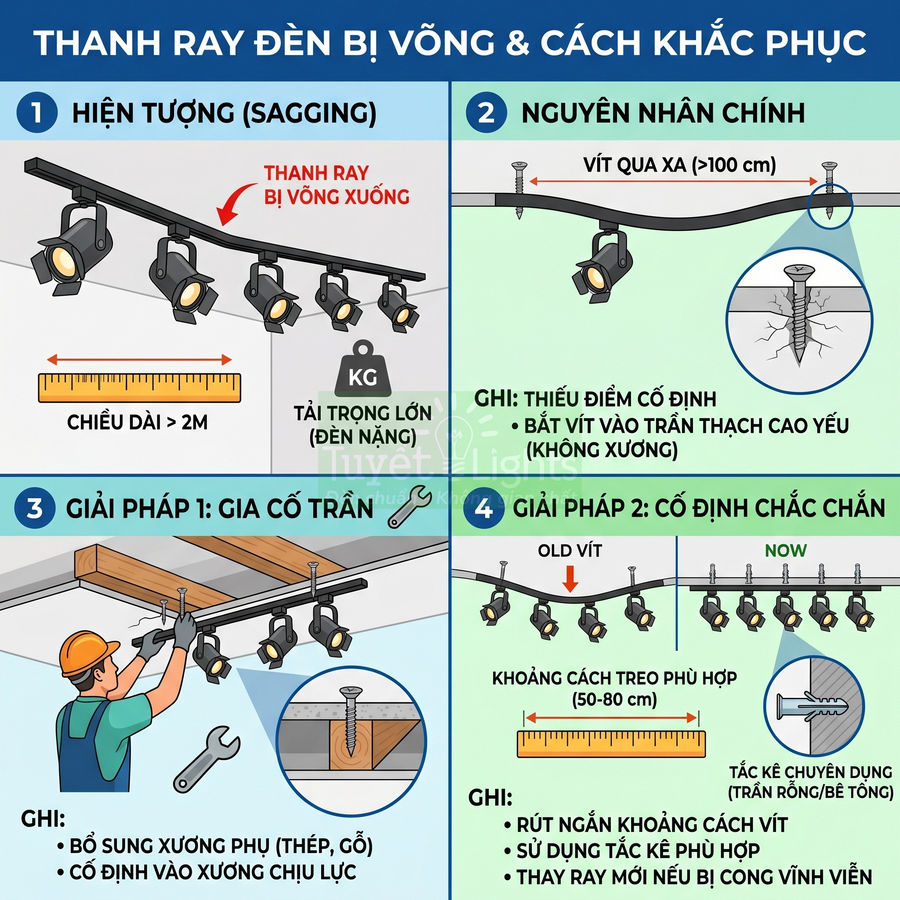 Hướng dẫn xử lý thanh ray đèn chiếu sáng bị võng với nguyên nhân và hai giải pháp cố định chắc chắn