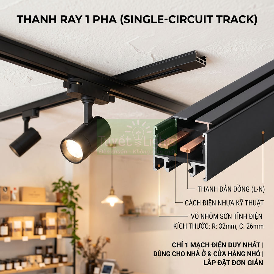 Thanh ray đèn rọi 1 pha màu đen cho trần nhà, cấu tạo thanh dẫn đồng và vỏ nhôm sơn tĩnh điện