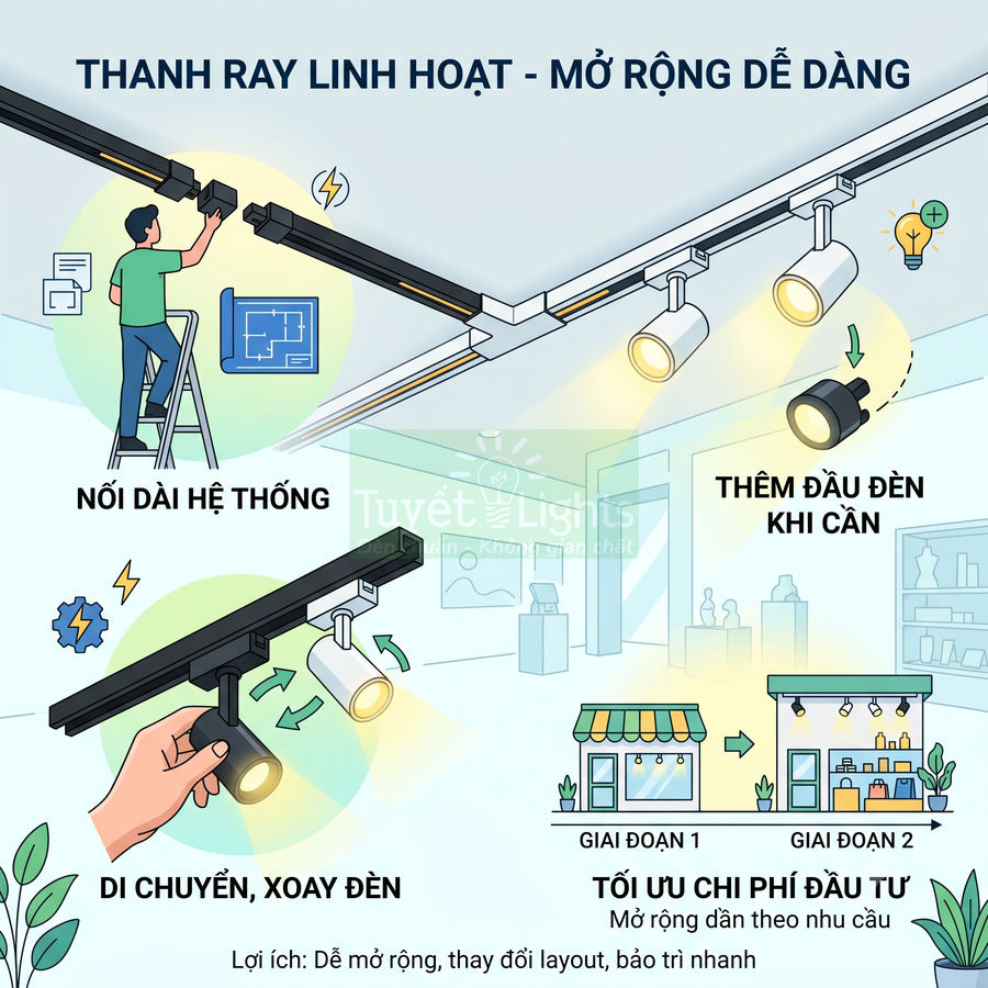 Thanh ray đèn chiếu rọi Tuyết Lights linh hoạt, dễ nối dài, thêm đầu đèn và di chuyển xoay đèn tối ưu chiếu sáng cửa hàng