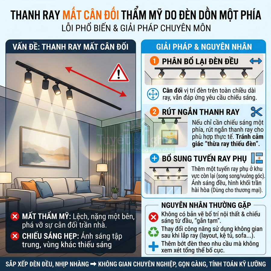 Hướng dẫn bố trí đèn ray chiếu sáng trần nhà cân đối, phân bổ đèn đều cho phòng khách hiện đại