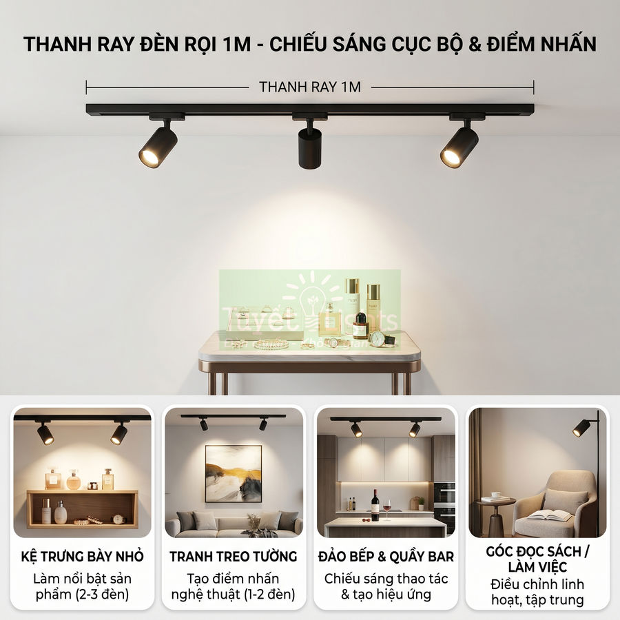 Thanh ray đèn rọi 1m màu đen chiếu sáng điểm nhấn cho bàn trưng bày và không gian nội thất