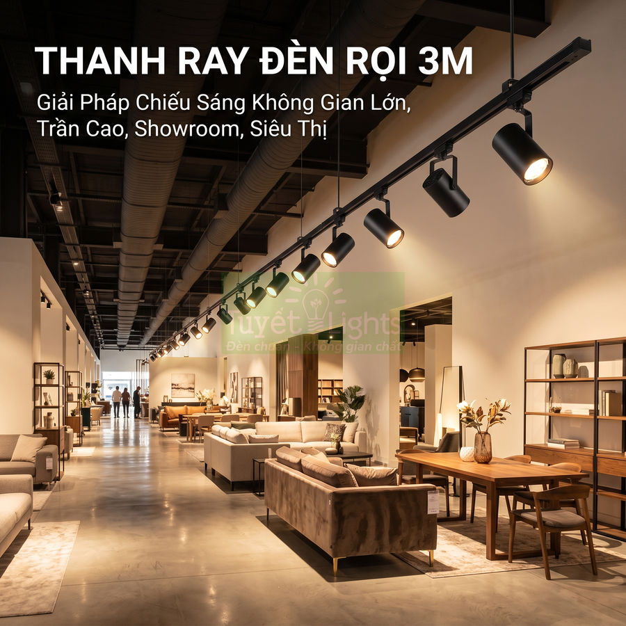 Thanh ray đèn rọi 3m chiếu sáng showroom nội thất trần cao, ánh sáng tập trung cho không gian lớn