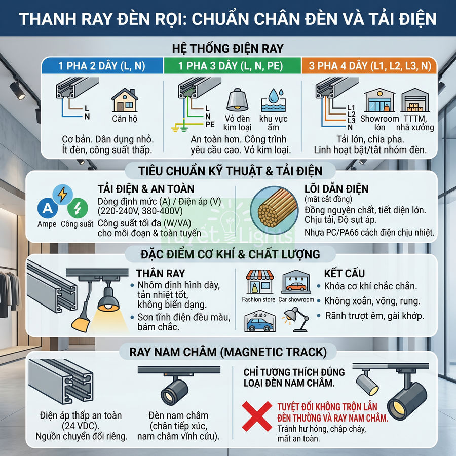 Infographic hướng dẫn chọn thanh ray đèn rọi, hệ thống điện ray và ray nam châm cho chiếu sáng nội thất