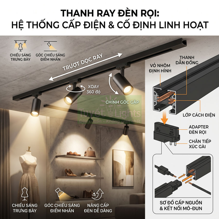 Thanh ray đèn rọi đen chiếu sáng trưng bày cửa hàng thời trang, xoay 360 độ và trượt dọc ray linh hoạt
