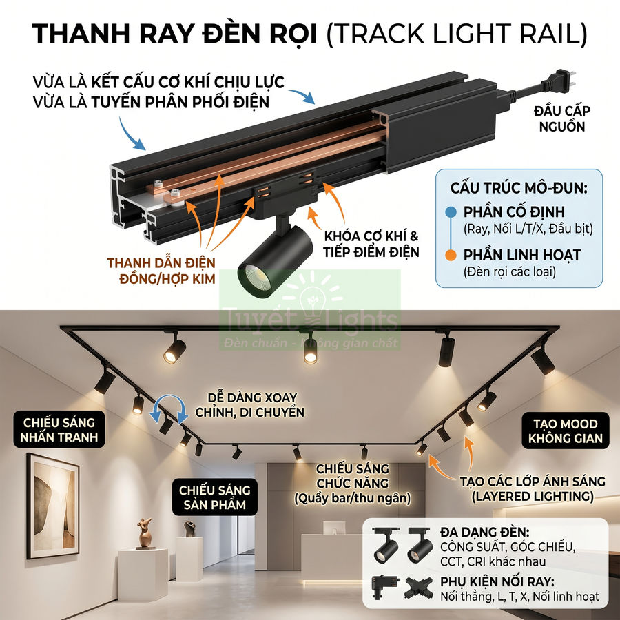 Thanh ray đèn rọi màu đen với nhiều đèn spotlight chiếu sáng tranh và sản phẩm trong không gian trưng bày hiện đại