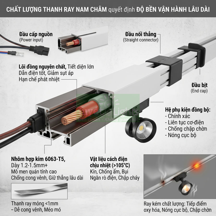 Cấu tạo thanh ray nam châm nhôm cho đèn LED chiếu rọi, lõi đồng nguyên chất và phụ kiện đồng bộ