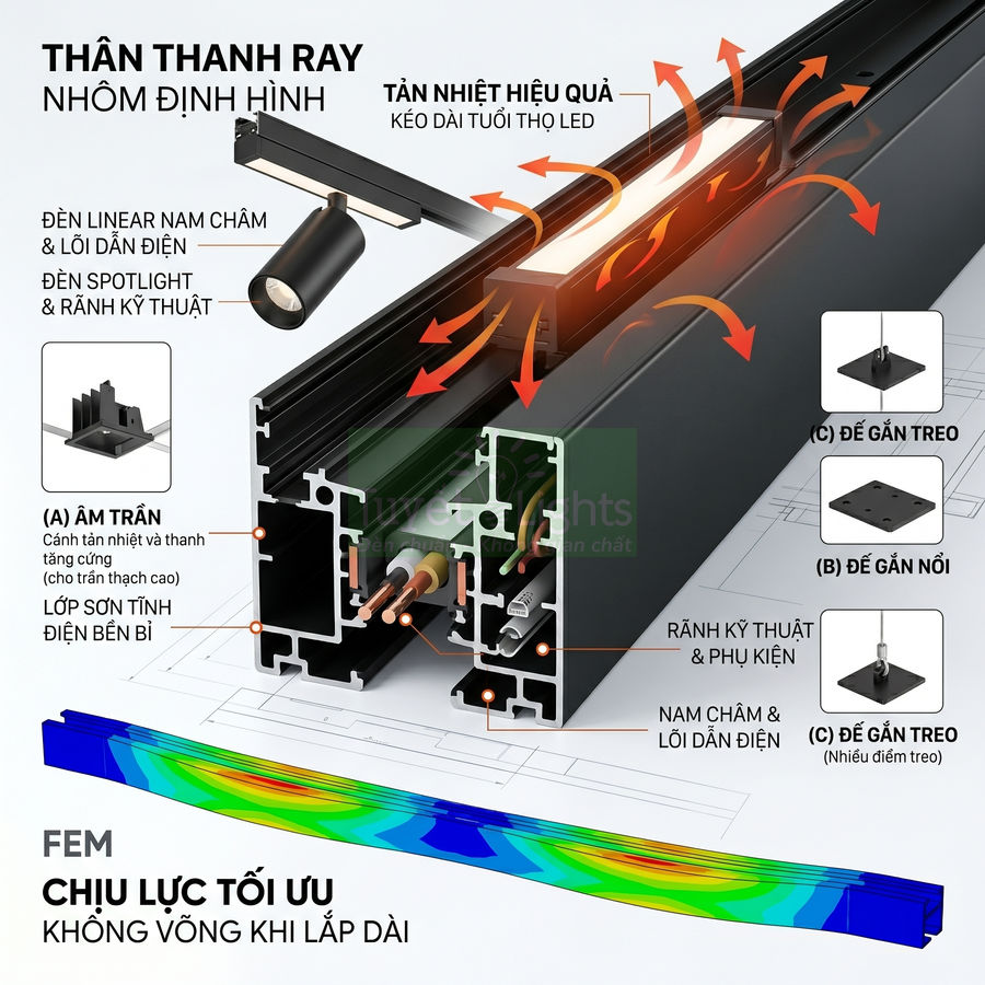 Cấu tạo thanh ray nhôm định hình cho đèn LED nam châm âm trần, tản nhiệt tốt, chịu lực tối ưu khi lắp dài