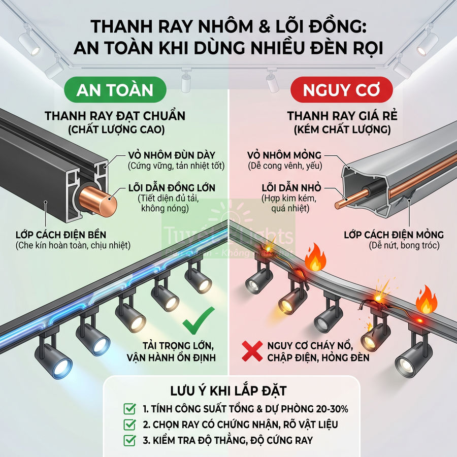 So sánh thanh ray nhôm lõi đồng chất lượng cao và thanh ray giá rẻ khi lắp nhiều đèn rọi, cảnh báo nguy cơ cháy nổ