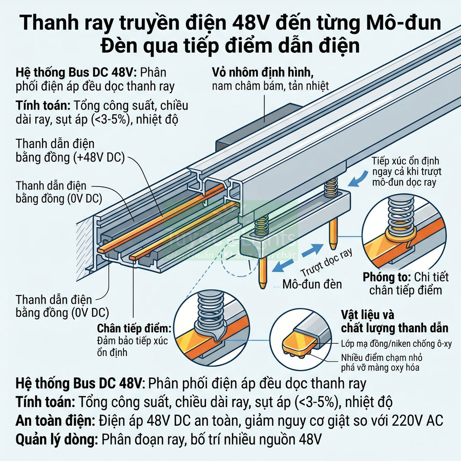 Cấu tạo thanh ray truyền điện 48V và mô đun đèn trượt dọc ray với tiếp điểm dẫn điện bằng đồng