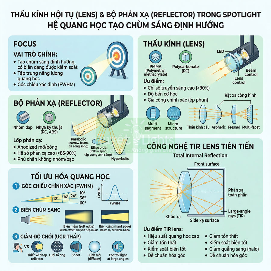 Infographic cấu tạo thấu kính hội tụ và bộ phản xạ trong đèn spotlight LED, tối ưu chùm sáng định hướng