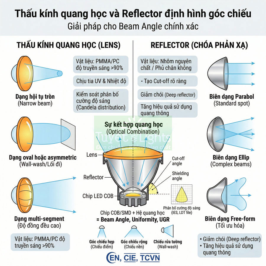 Sơ đồ thấu kính quang học và chóa phản xạ đèn LED, minh họa các dạng lens và reflector điều chỉnh góc chiếu