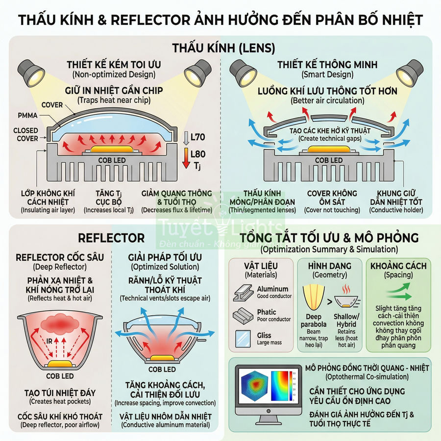 Sơ đồ so sánh thấu kính và reflector đèn LED COB về phân bố nhiệt và giải pháp tản nhiệt tối ưu