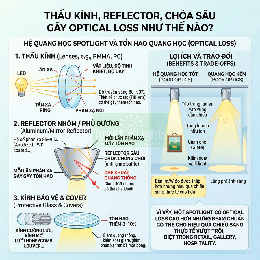 Infographic giải thích thấu kính, reflector, kính bảo vệ và ảnh hưởng optical loss trong hệ quang học đèn spotlight