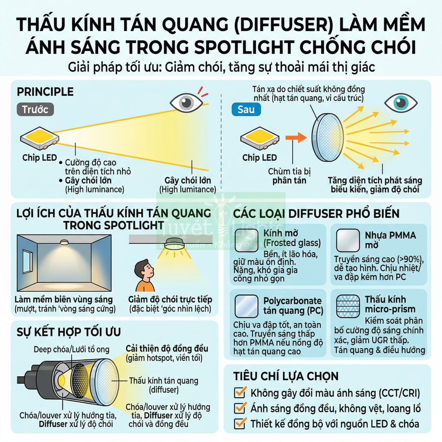 Thấu kính tán quang diffuser cho đèn spotlight LED giúp làm mềm ánh sáng và giảm chói mắt