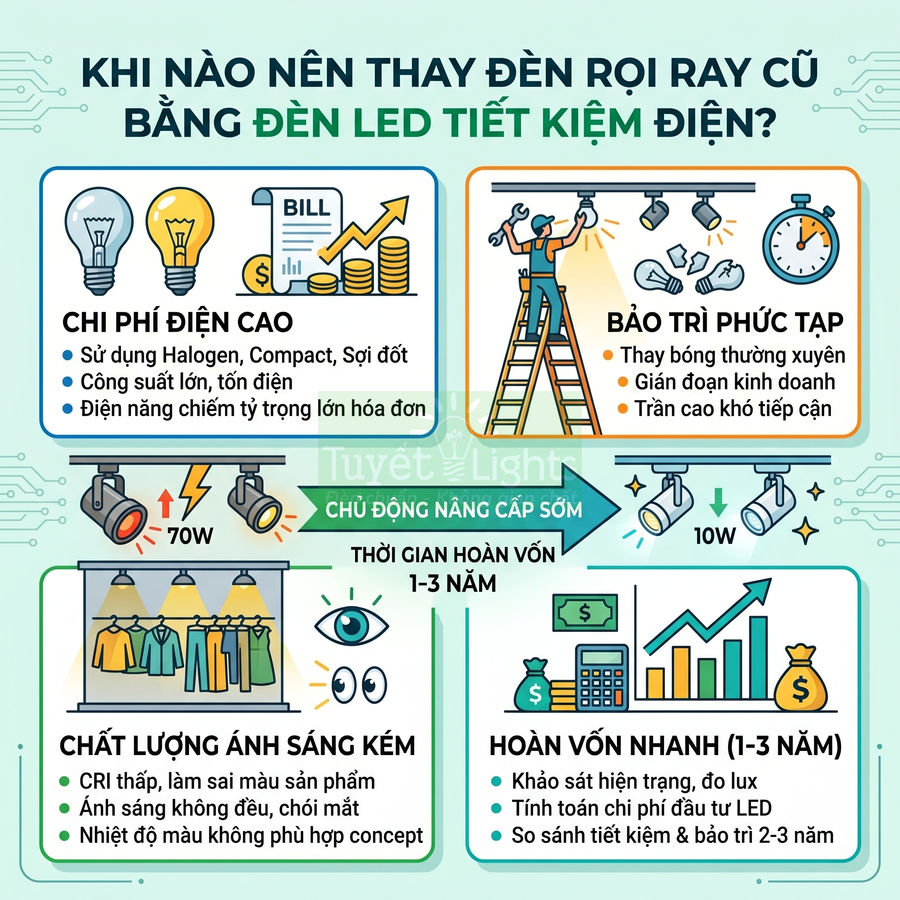 Infographic tư vấn thay đèn rọi ray cũ bằng đèn LED tiết kiệm điện cho cửa hàng và showroom