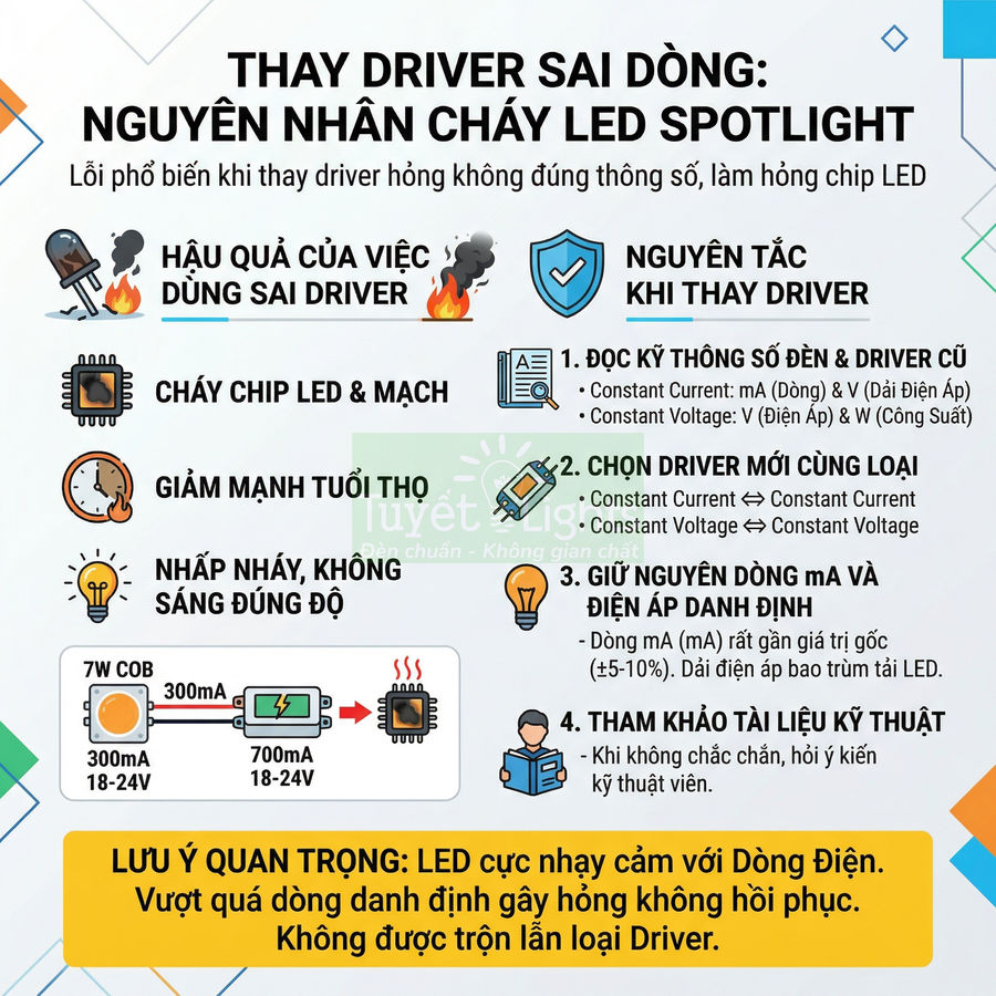 Infographic hướng dẫn thay driver đúng dòng cho đèn LED spotlight, cảnh báo cháy chip LED khi dùng sai driver
