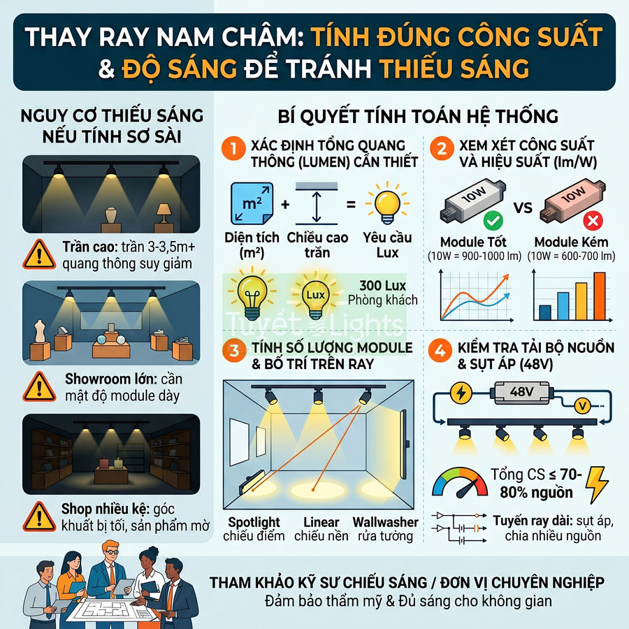 Hướng dẫn tính công suất và bố trí đèn ray nam châm để tránh thiếu sáng cho phòng khách, showroom, shop trưng bày